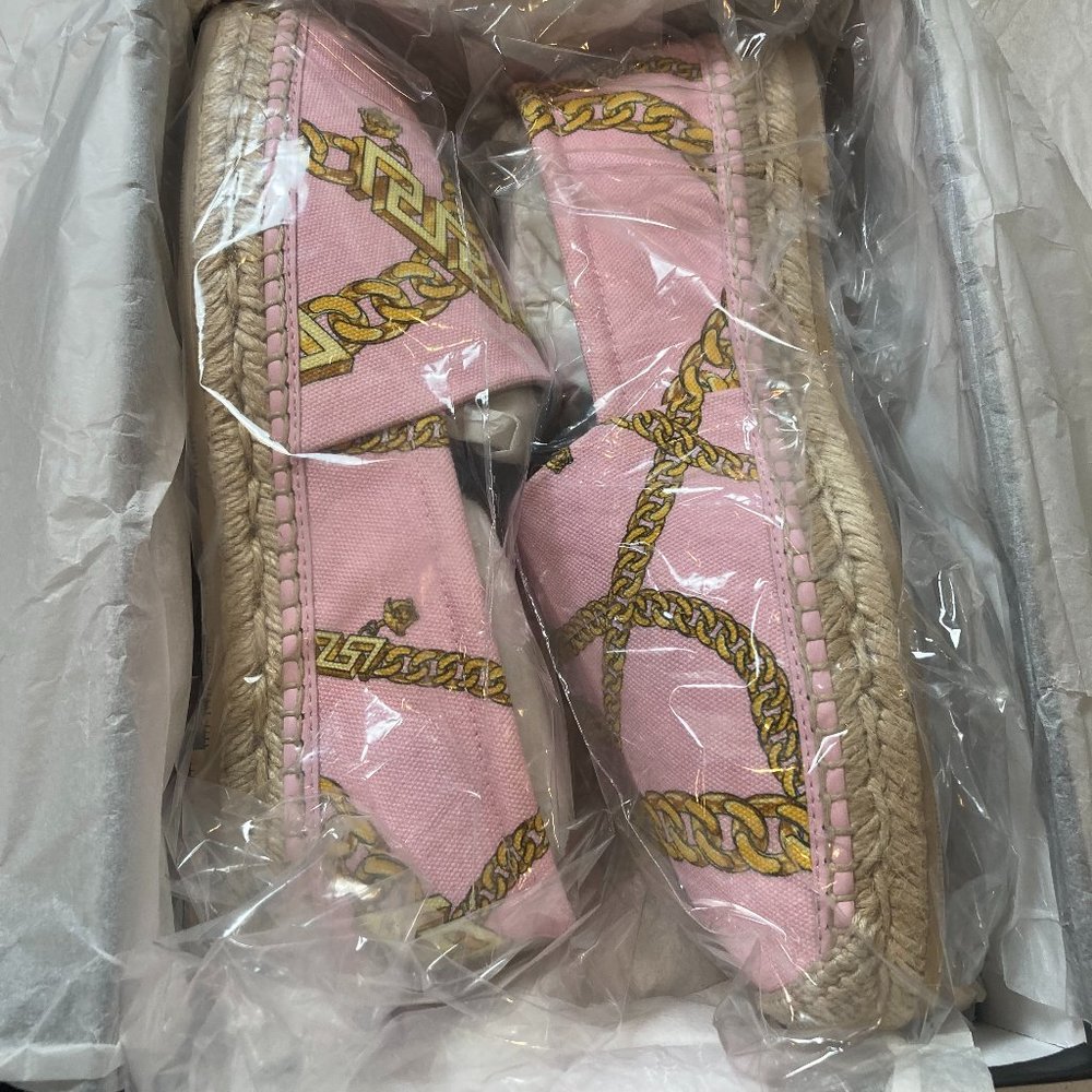 Versace Chain-Print Cotton Espadrille Loafers Pink Size 10B New In Box Authentic - Picture 4 of 13
